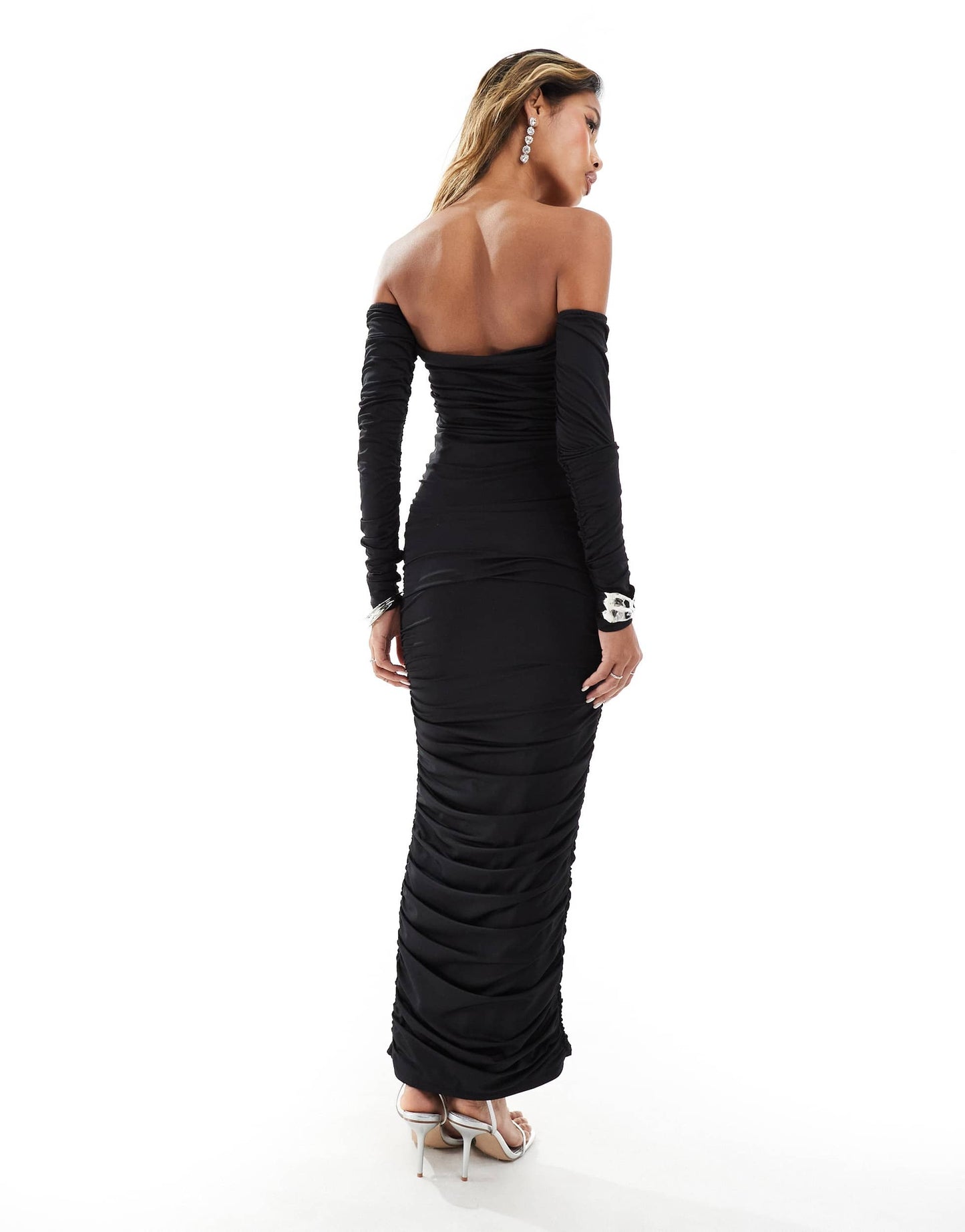 Aria Cove double layered slinky ruched bardot bodycon maxi dress in black