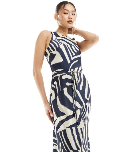River Island zebra print racer bias midi dress in navy