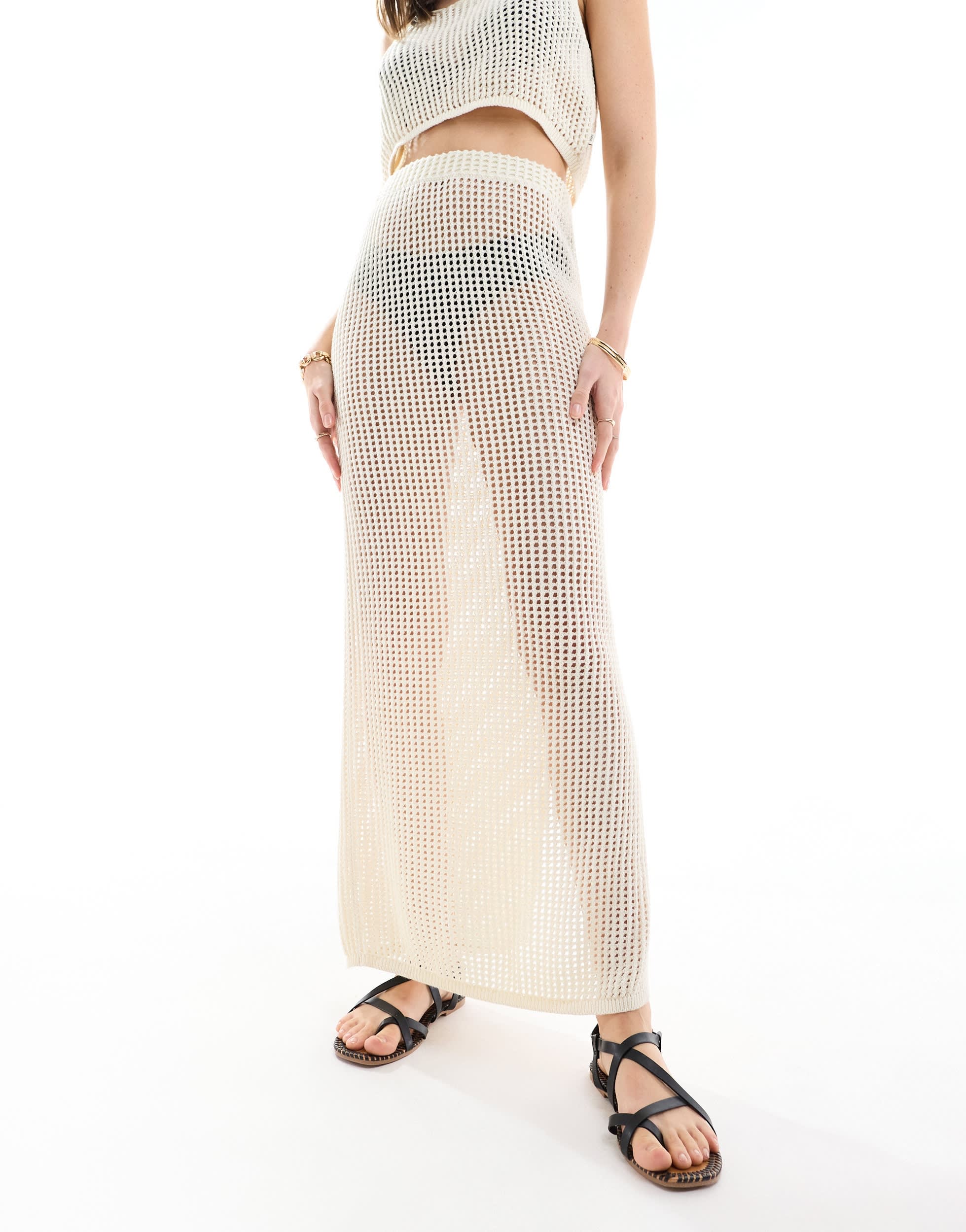 JJXX co-ord crochet maxi skirt in beige