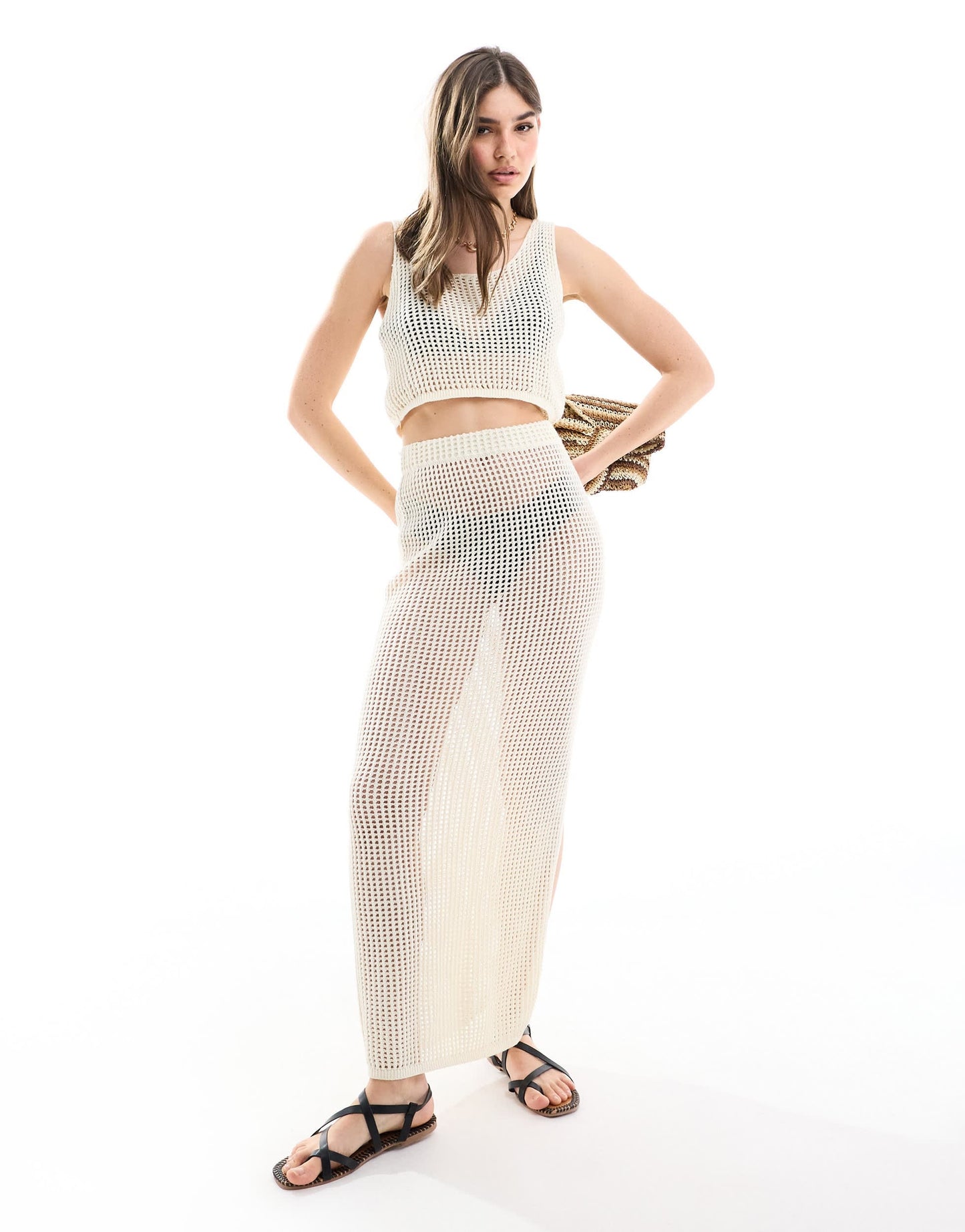JJXX co-ord crochet maxi skirt in beige