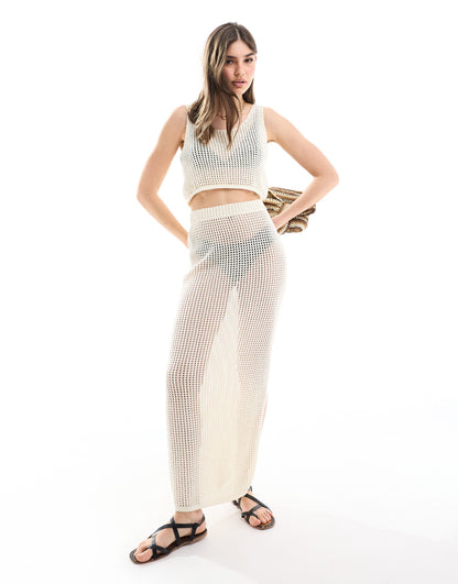 JJXX co-ord crochet maxi skirt in beige