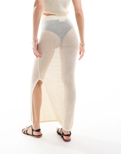 JJXX co-ord crochet maxi skirt in beige