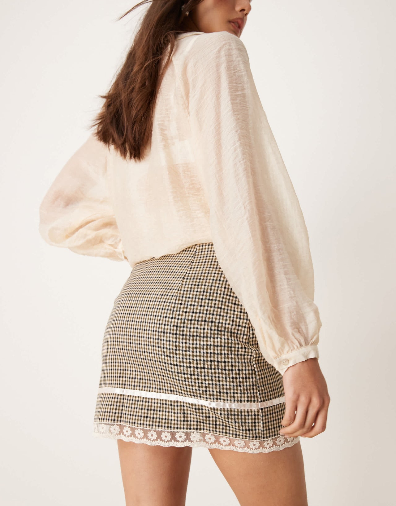 Miss Selfridge tailored lace trim bow mini skirt in check