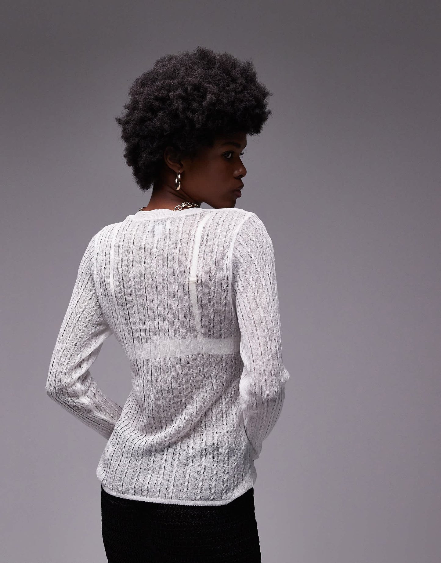Topshop knitted sheer long sleeve top in ivory