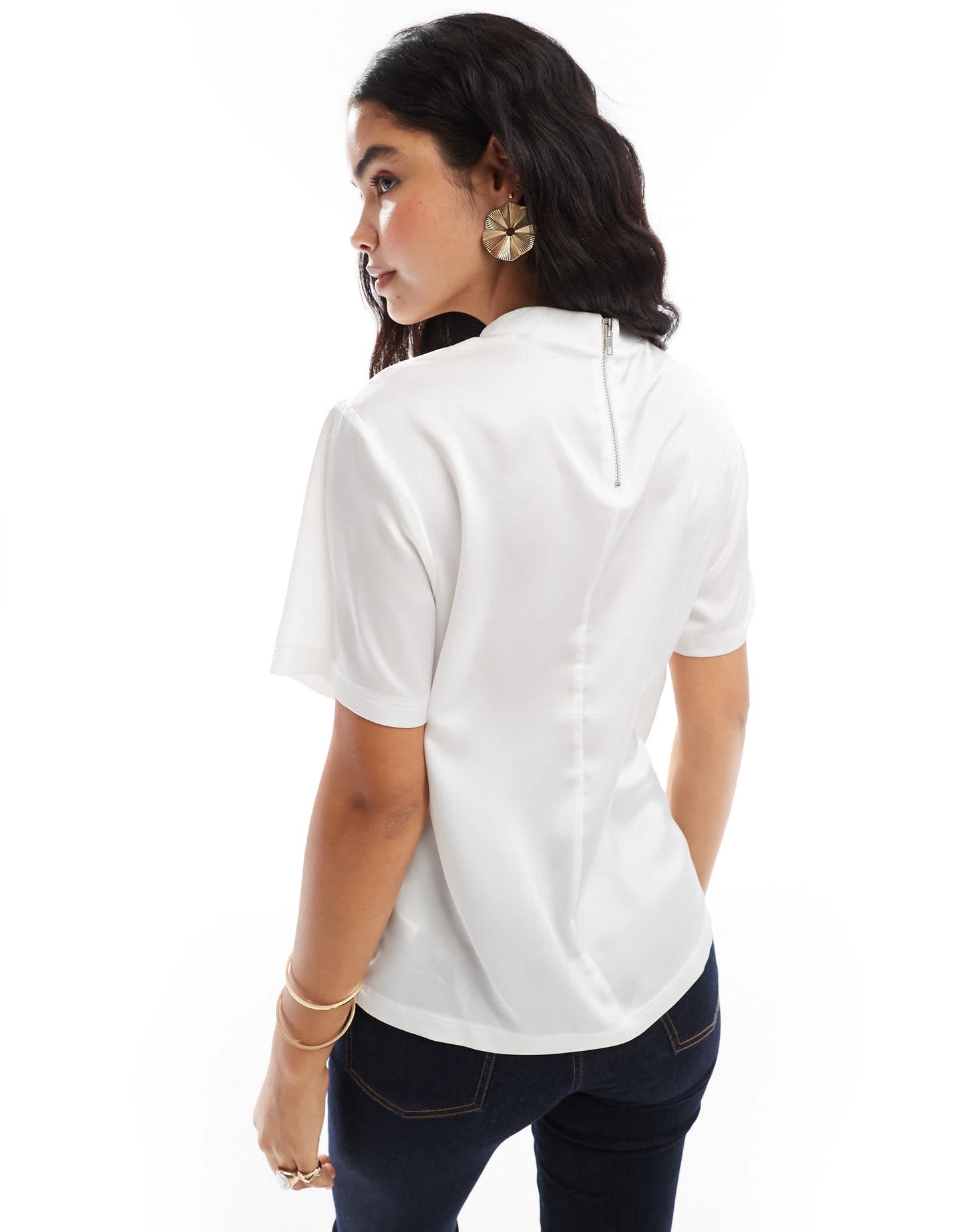 ASOS DESIGN satin t shirt with ribbed neckline in white