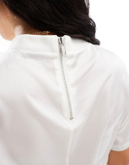 ASOS DESIGN satin t shirt with ribbed neckline in white
