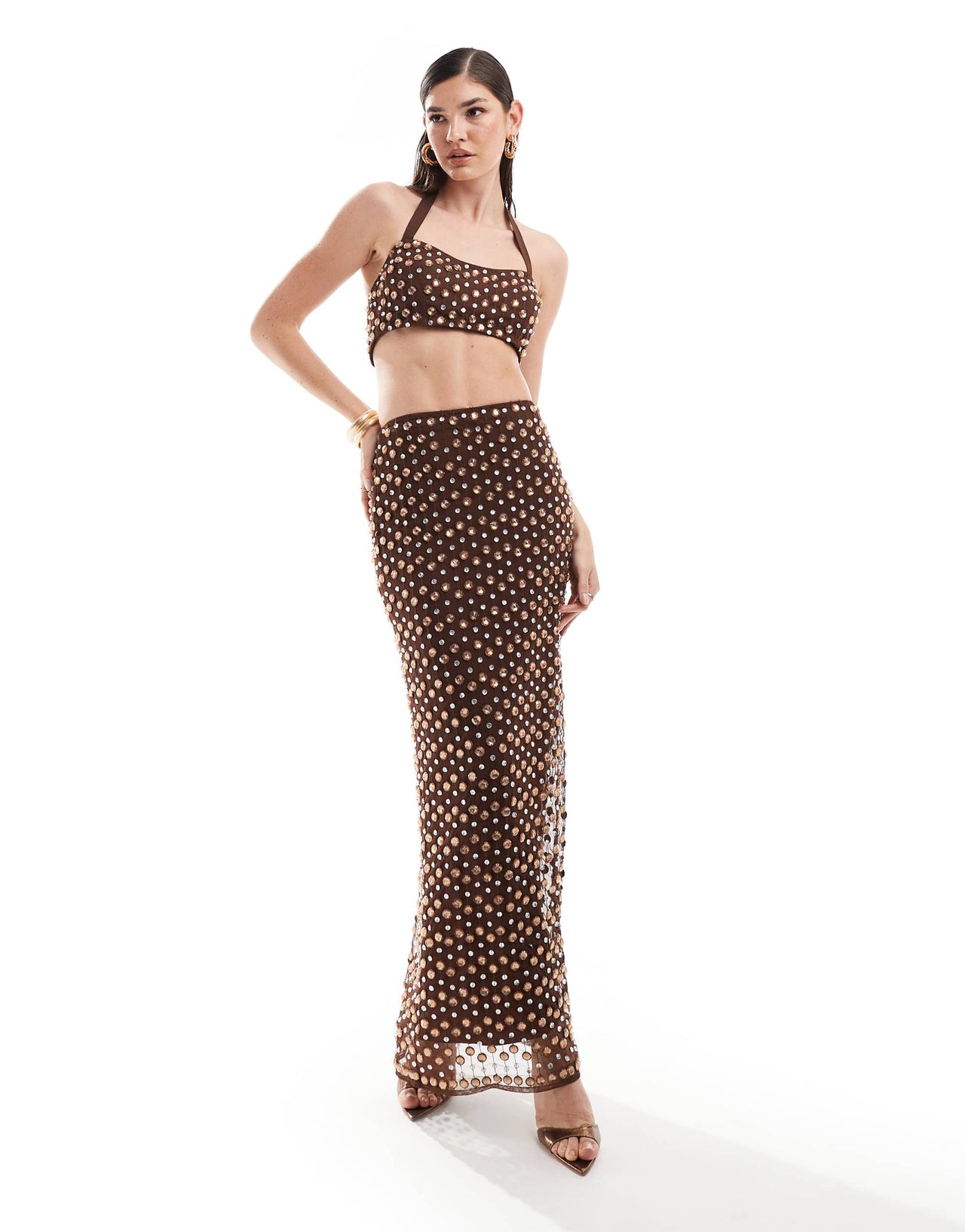 ASOS DESIGN premium embellished crop top co-ord in chocolate