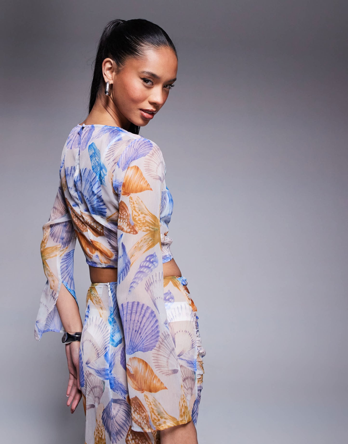 ASOS DESIGN long sleeve chiffon crop top co-ord in shell print