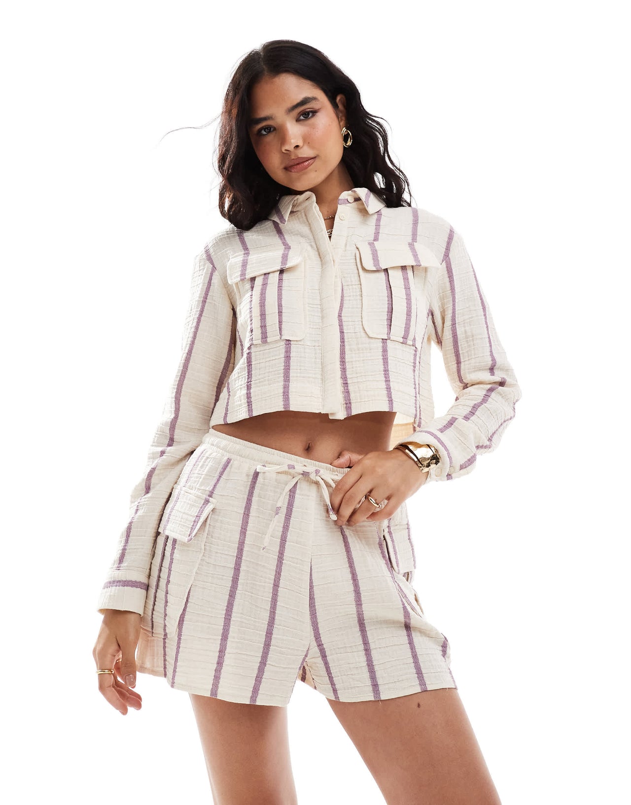 ASOS DESIGN linen look utility short co-ord in purple stripe