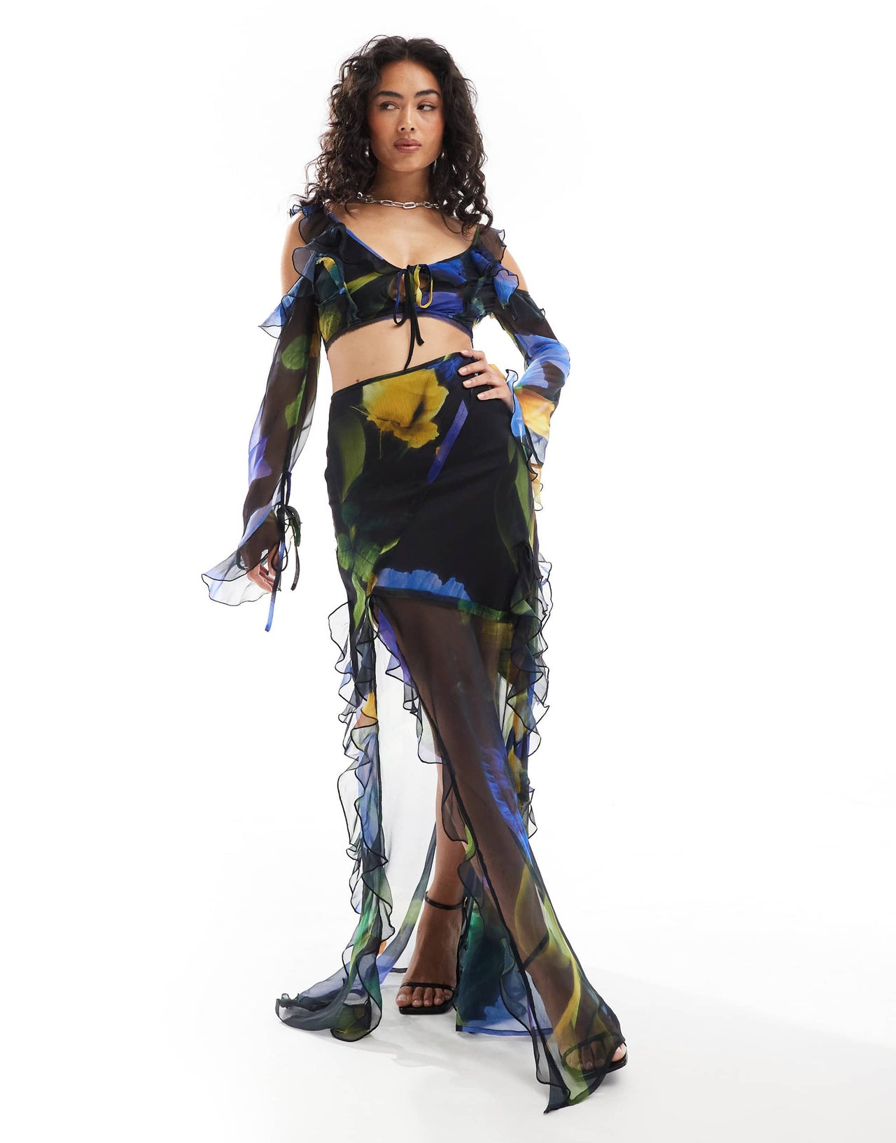 ASOS DESIGN frill detail co-ord maxi skirt in large floral print