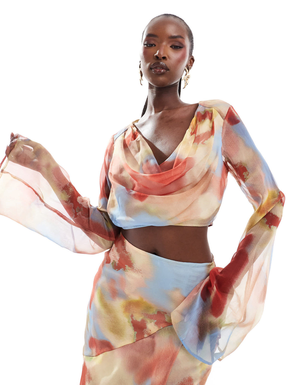 ASOS DESIGN long sleeve chiffon with cowl neck co-ord in blurred print
