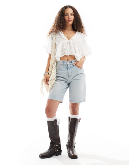 Free People low v neck floaty blouse with broderie in ivory