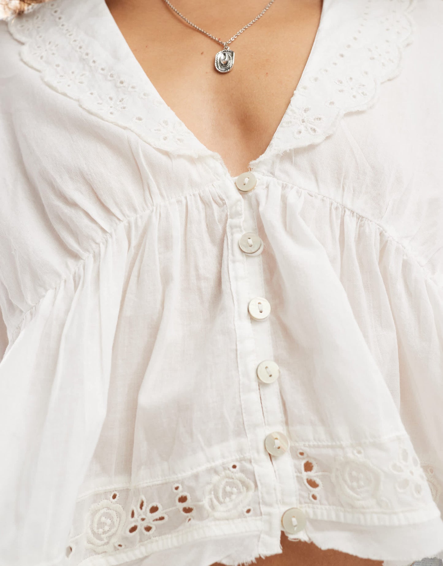 Free People low v neck floaty blouse with broderie in ivory