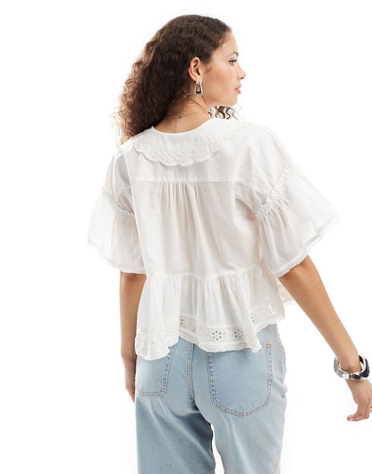 Free People low v neck floaty blouse with broderie in ivory