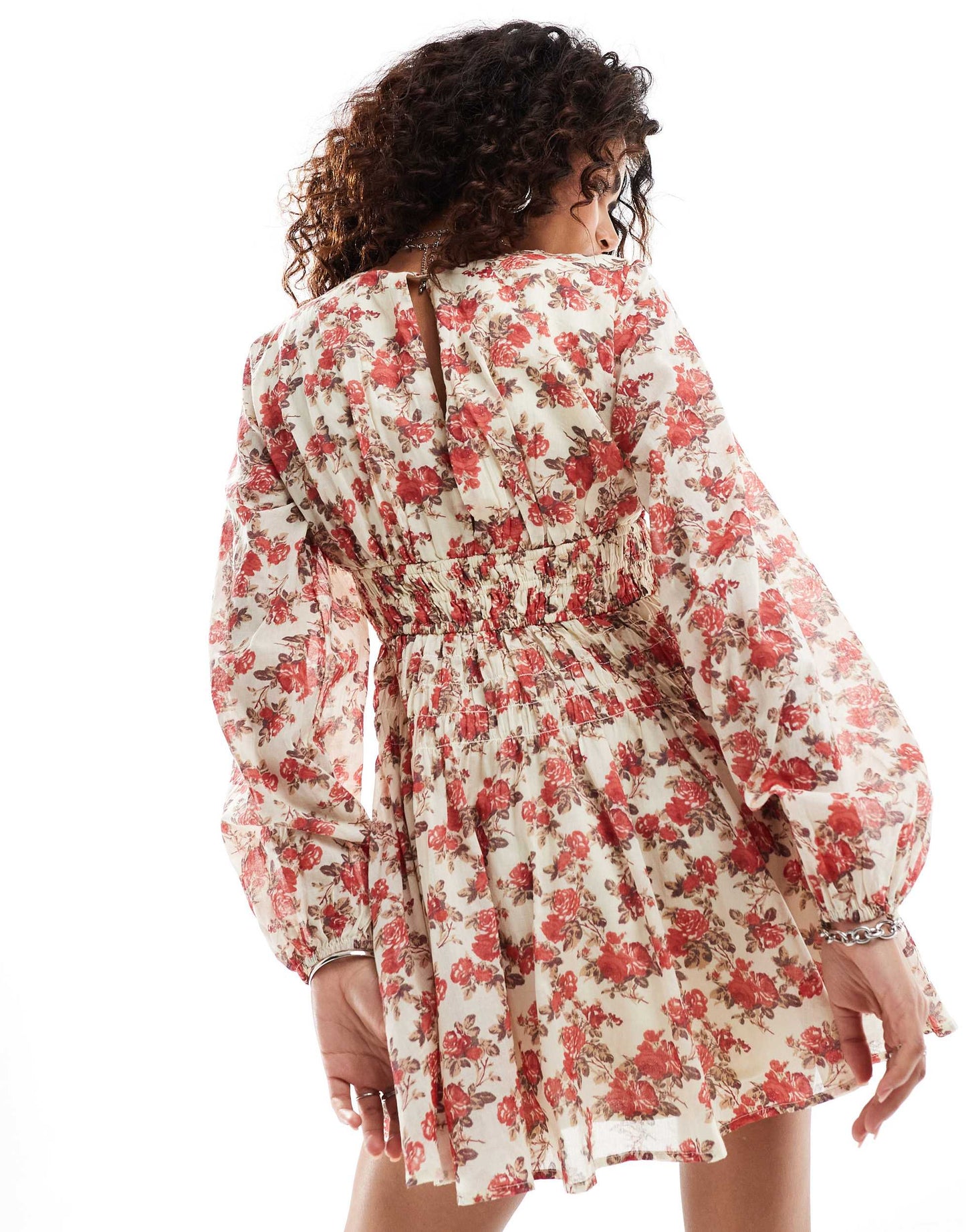 Free People floral bloom v-neck boho mini dress in bright pink