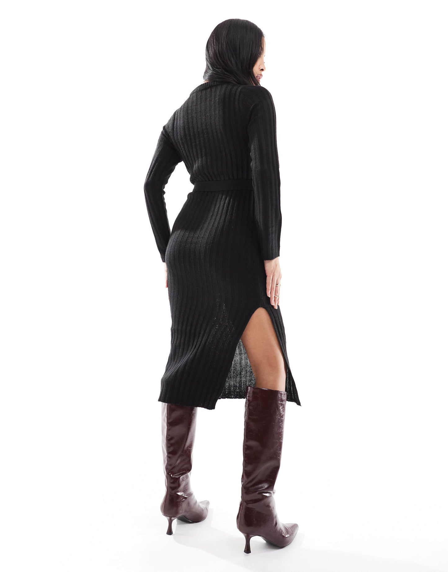 Brave Soul Petite knitted midi dress with slit in black