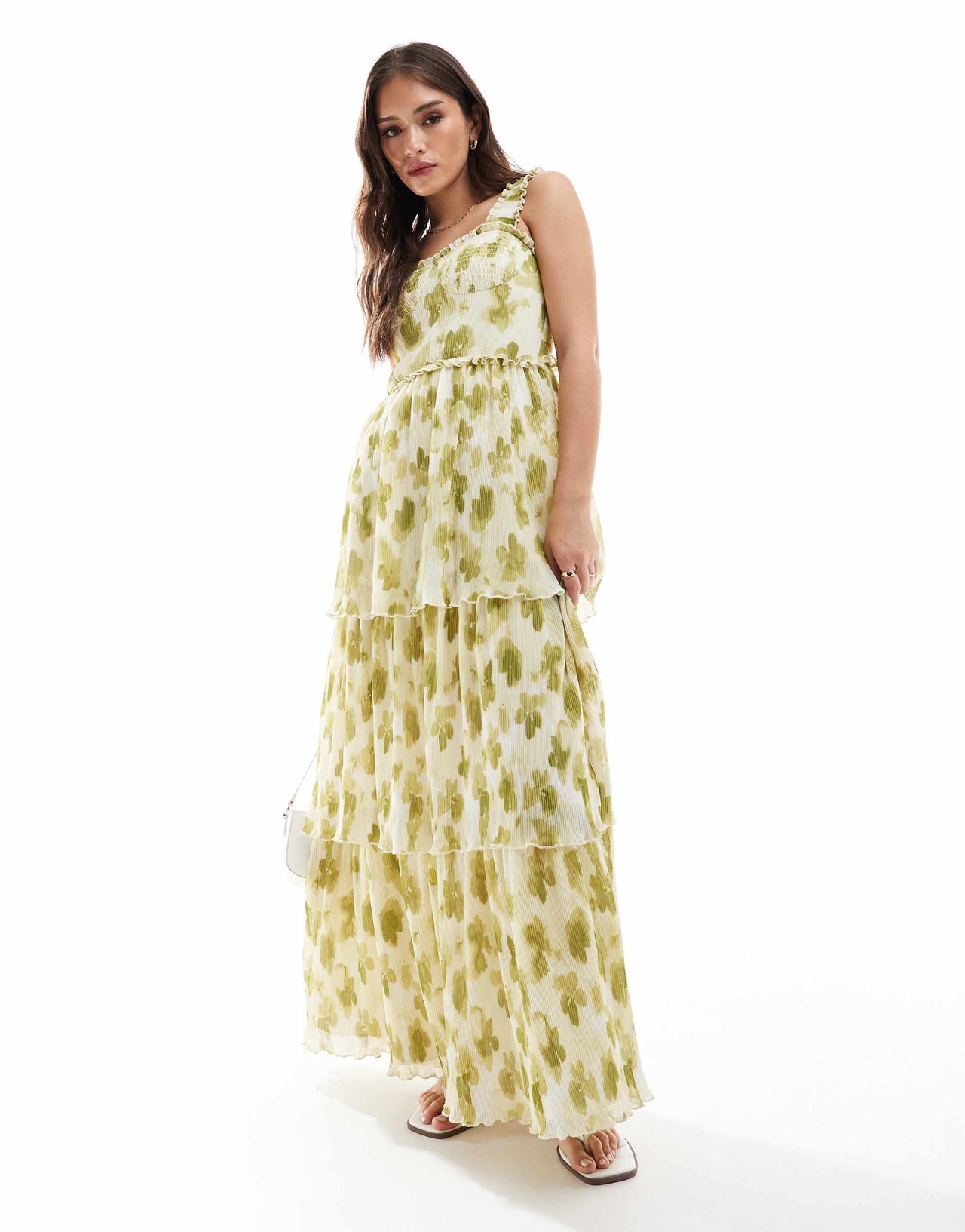 ASOS DESIGN shirred bust micro pleat thick strap tiered maxi dress in green blurred floral print