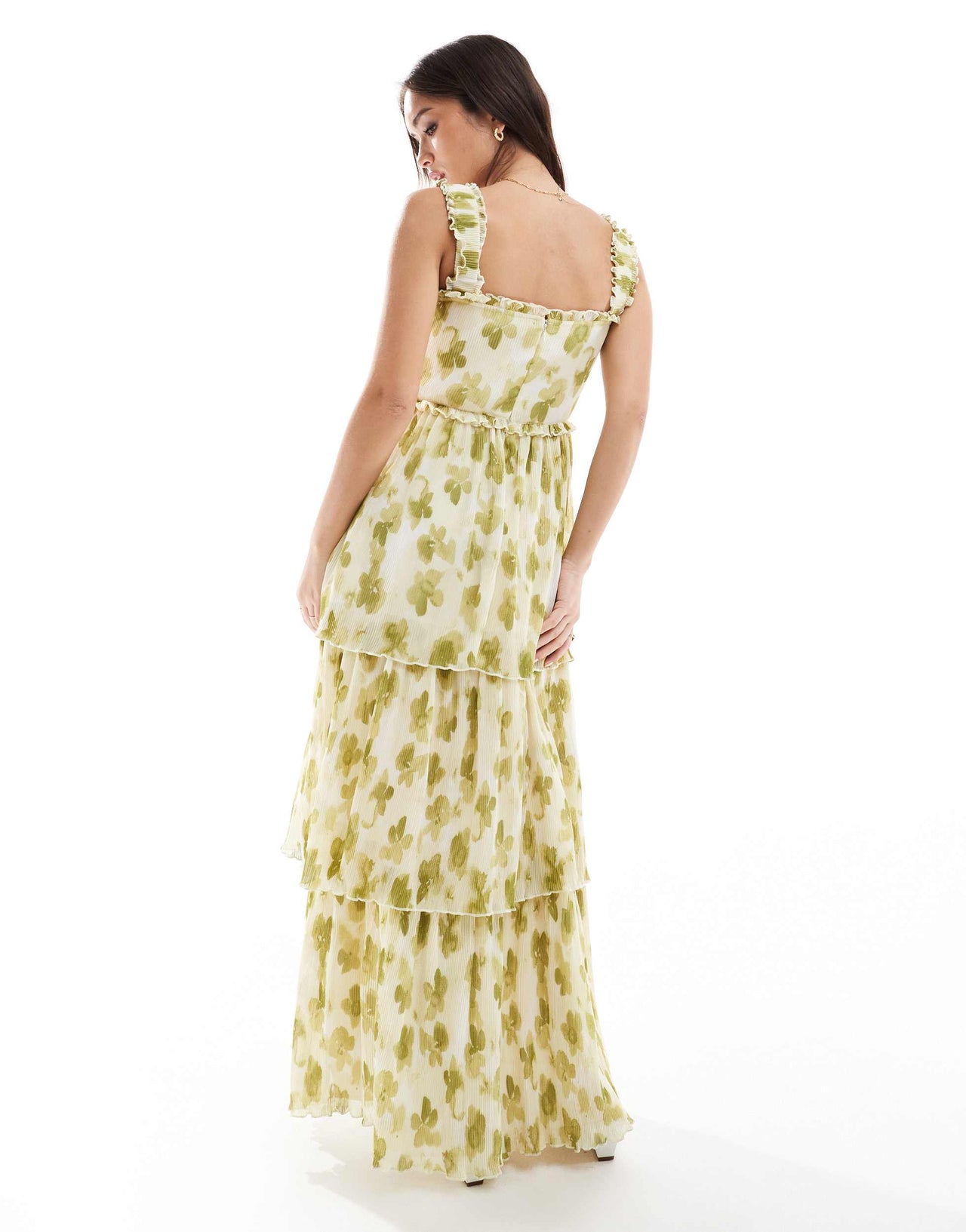 ASOS DESIGN shirred bust micro pleat thick strap tiered maxi dress in green blurred floral print