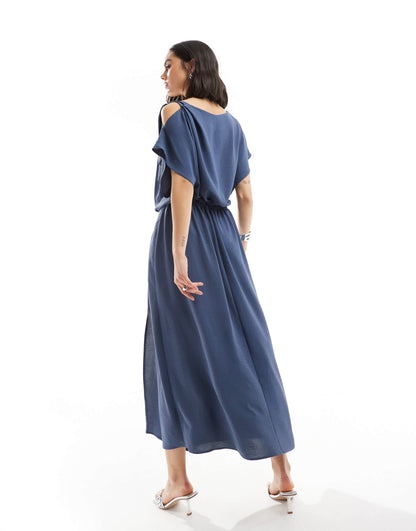 ASOS DESIGN tie shoulder blouson midi dress in denim blue