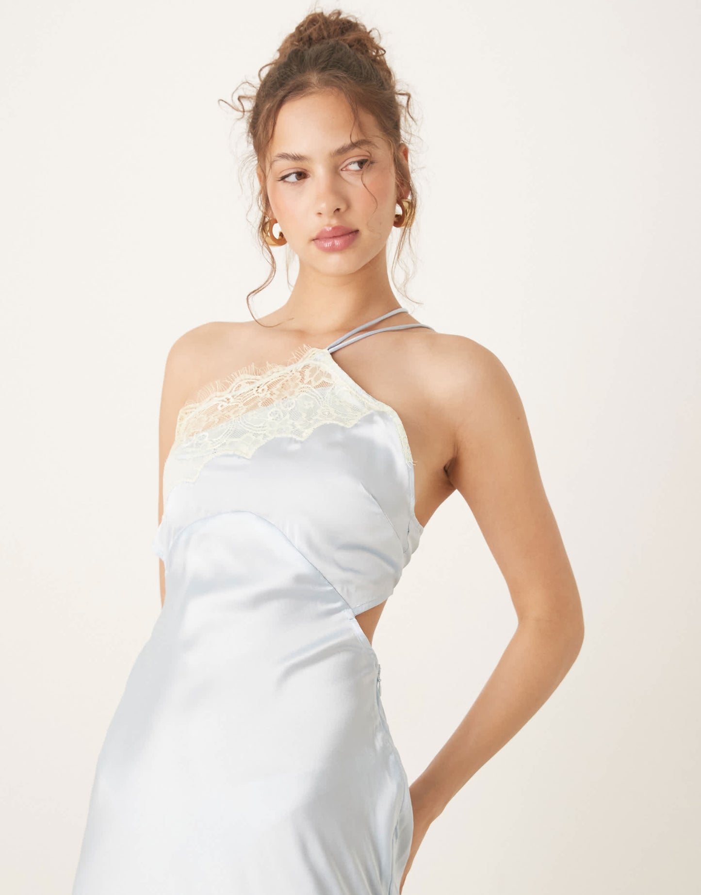 ASOS DESIGN asymmetric strappy lace slip midi dress in pale blue
