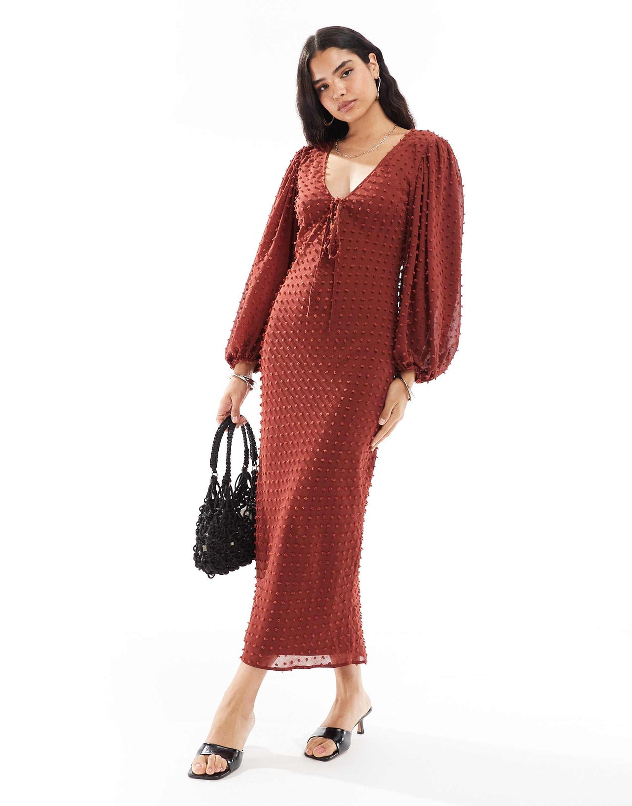 ASOS DESIGN dobby balloon sleeve midi dress in rust