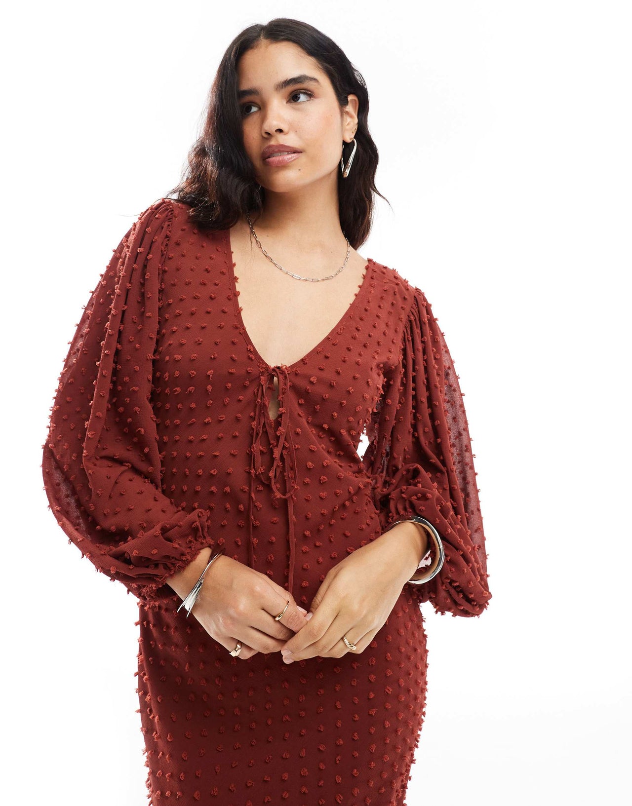 ASOS DESIGN dobby balloon sleeve midi dress in rust