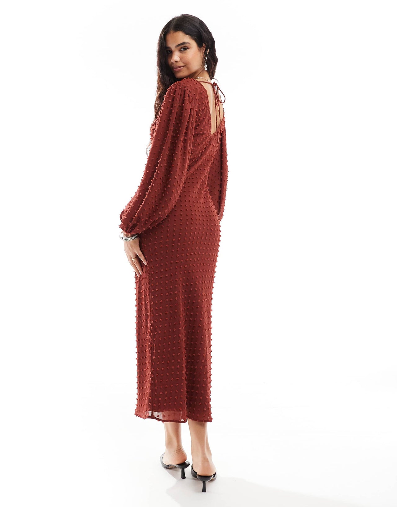 ASOS DESIGN dobby balloon sleeve midi dress in rust