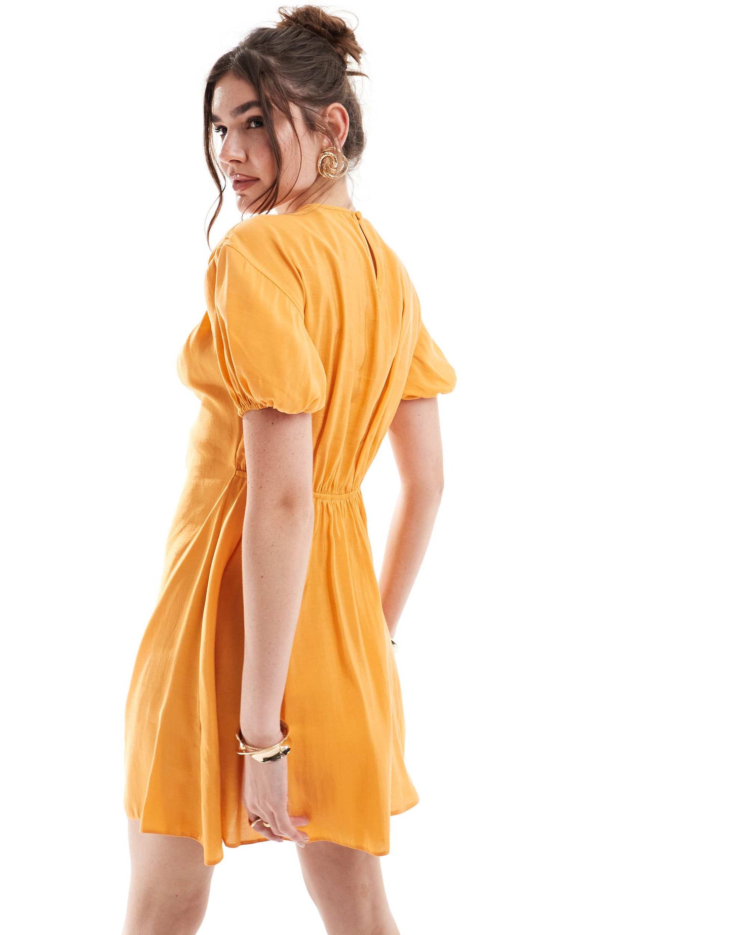 ASOS DESIGN puff sleeve mini smock dress with ruching detail in copper
