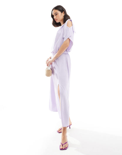 ASOS DESIGN tie shoulder blouson midi dress in lilac