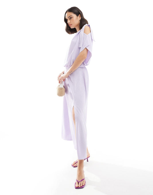 ASOS DESIGN tie shoulder blouson midi dress in lilac