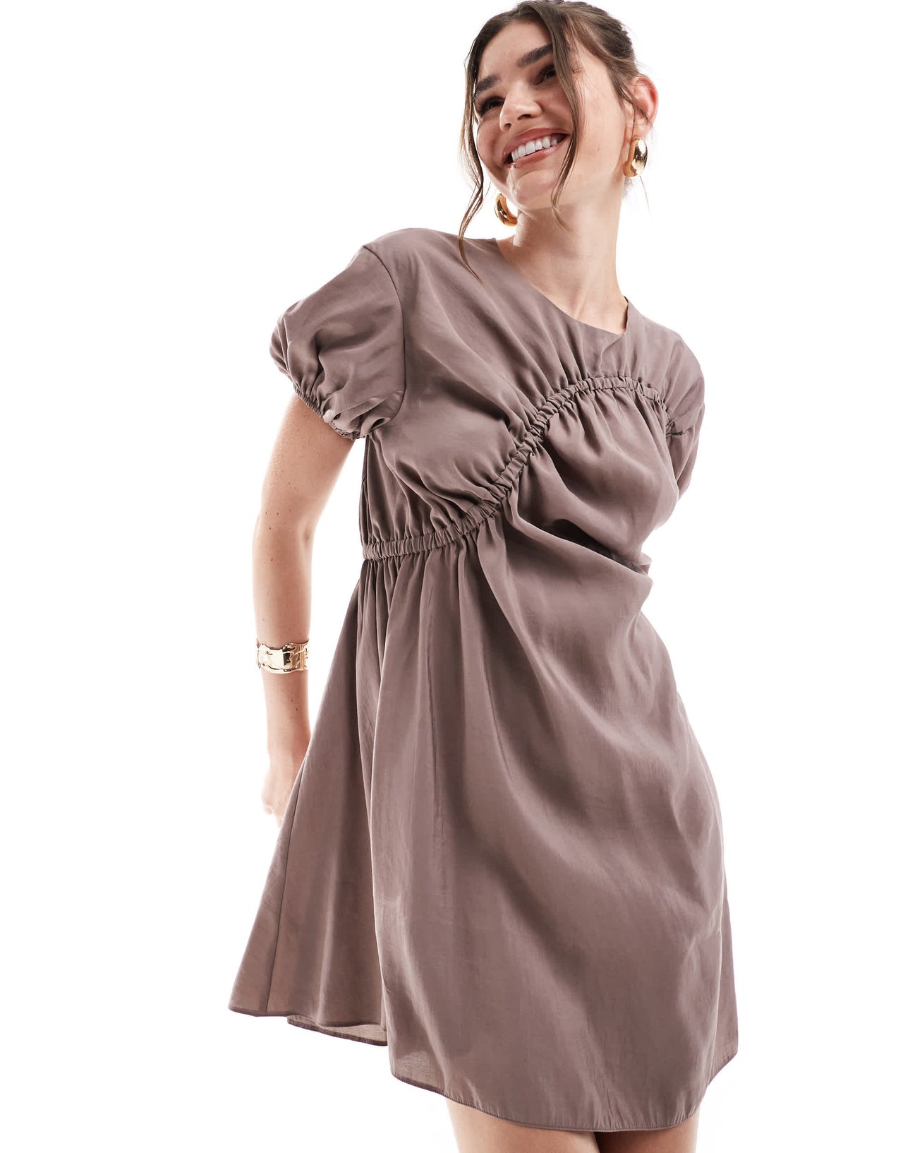 ASOS DESIGN puff sleeve mini smock dress with ruching detail in mocha