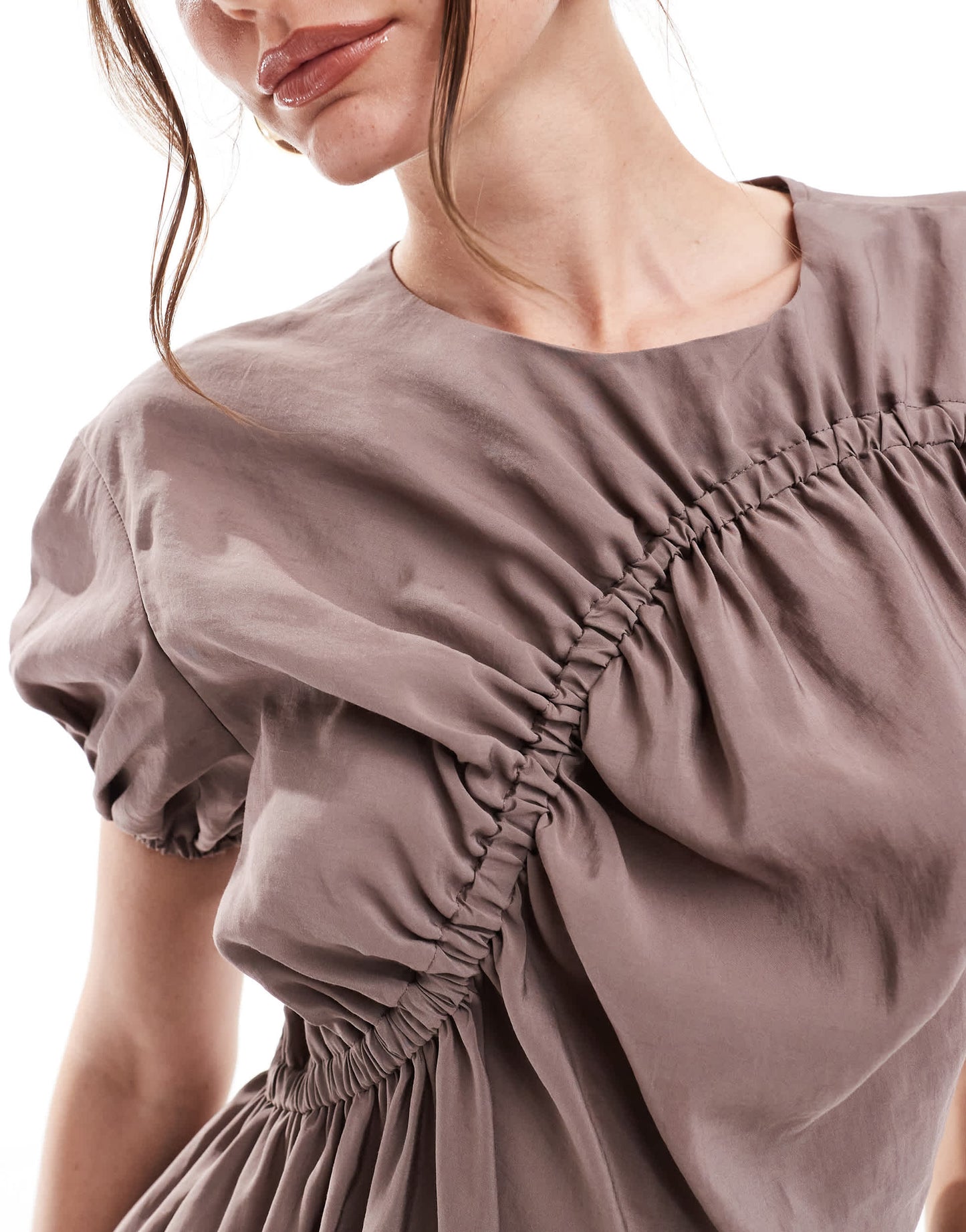 ASOS DESIGN puff sleeve mini smock dress with ruching detail in mocha