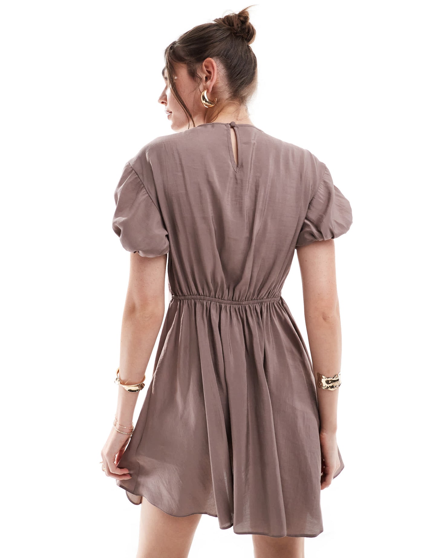 ASOS DESIGN puff sleeve mini smock dress with ruching detail in mocha