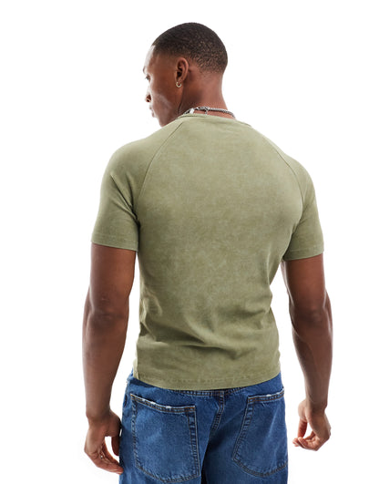 ASOS DESIGN cropped muscle raglan t-shirt in washed khaki with chest print