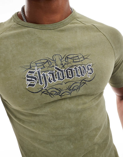 ASOS DESIGN cropped muscle raglan t-shirt in washed khaki with chest print