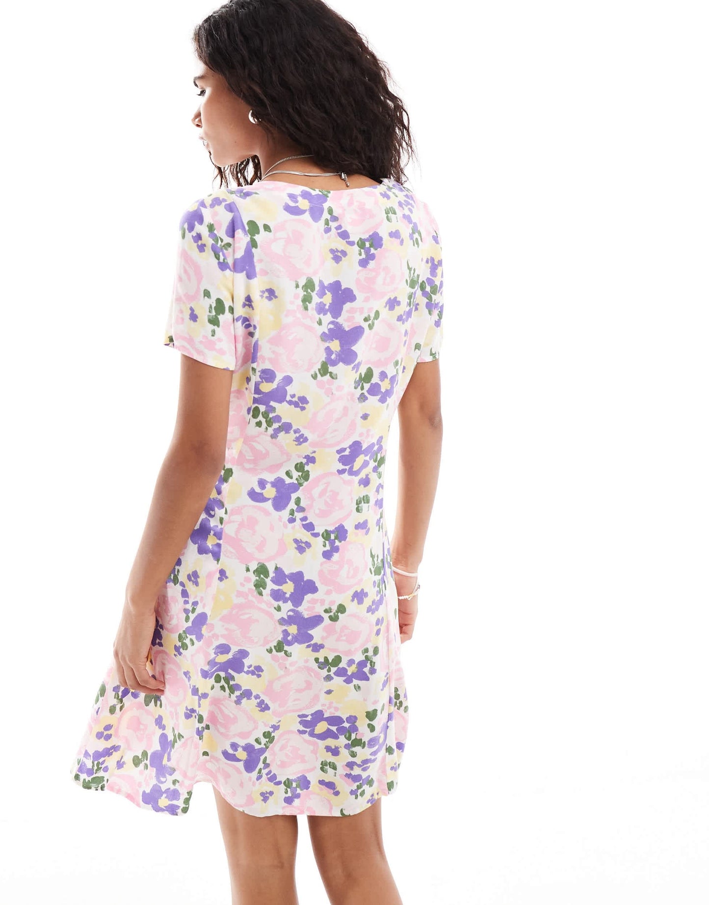 Monki button through mini dress with v neck in floral print
