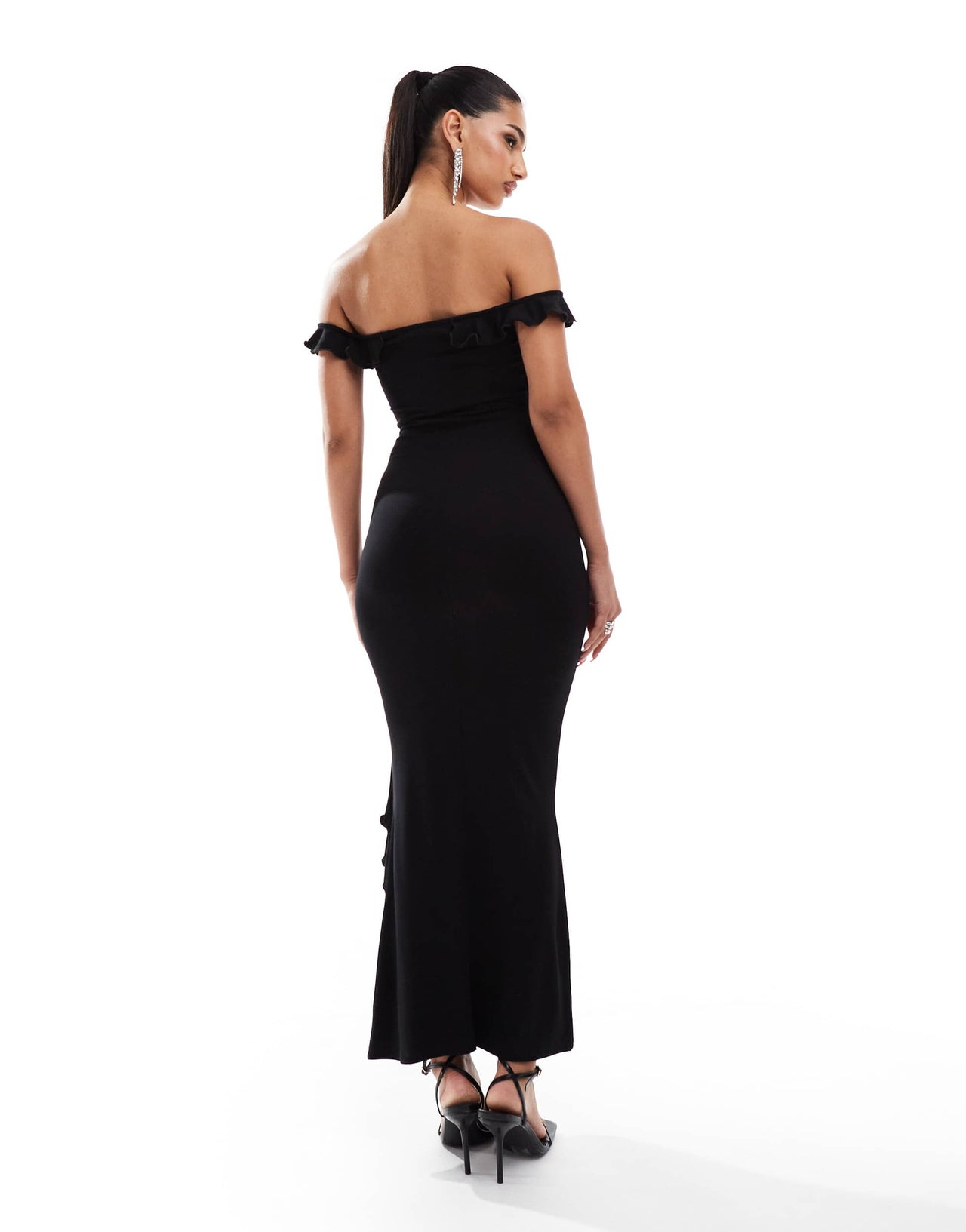 ASOS DESIGN bardot midi dress with asymmetric ruffle detail in black
