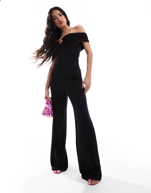 ASOS DESIGN ruched bardot jumpsuit with front cut out in black