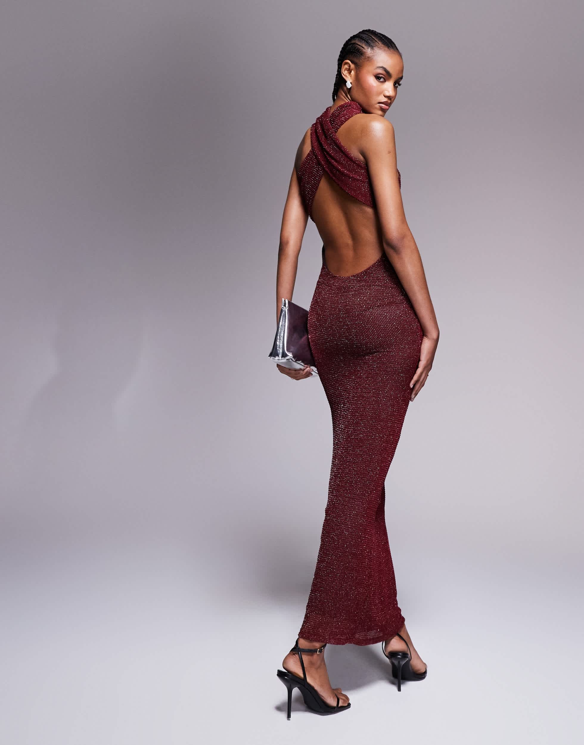 ASOS DESIGN shimmer knit high neck halter maxi dress in burgundy