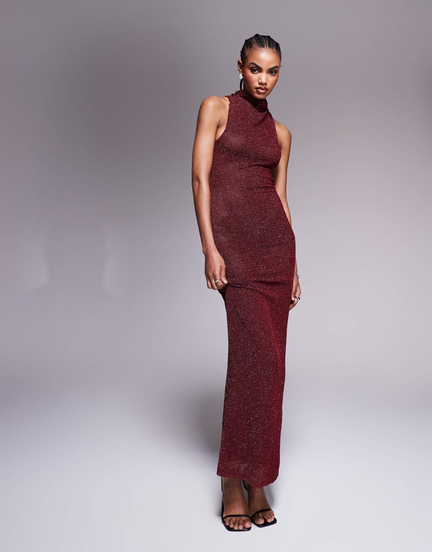 ASOS DESIGN shimmer knit high neck halter maxi dress in burgundy
