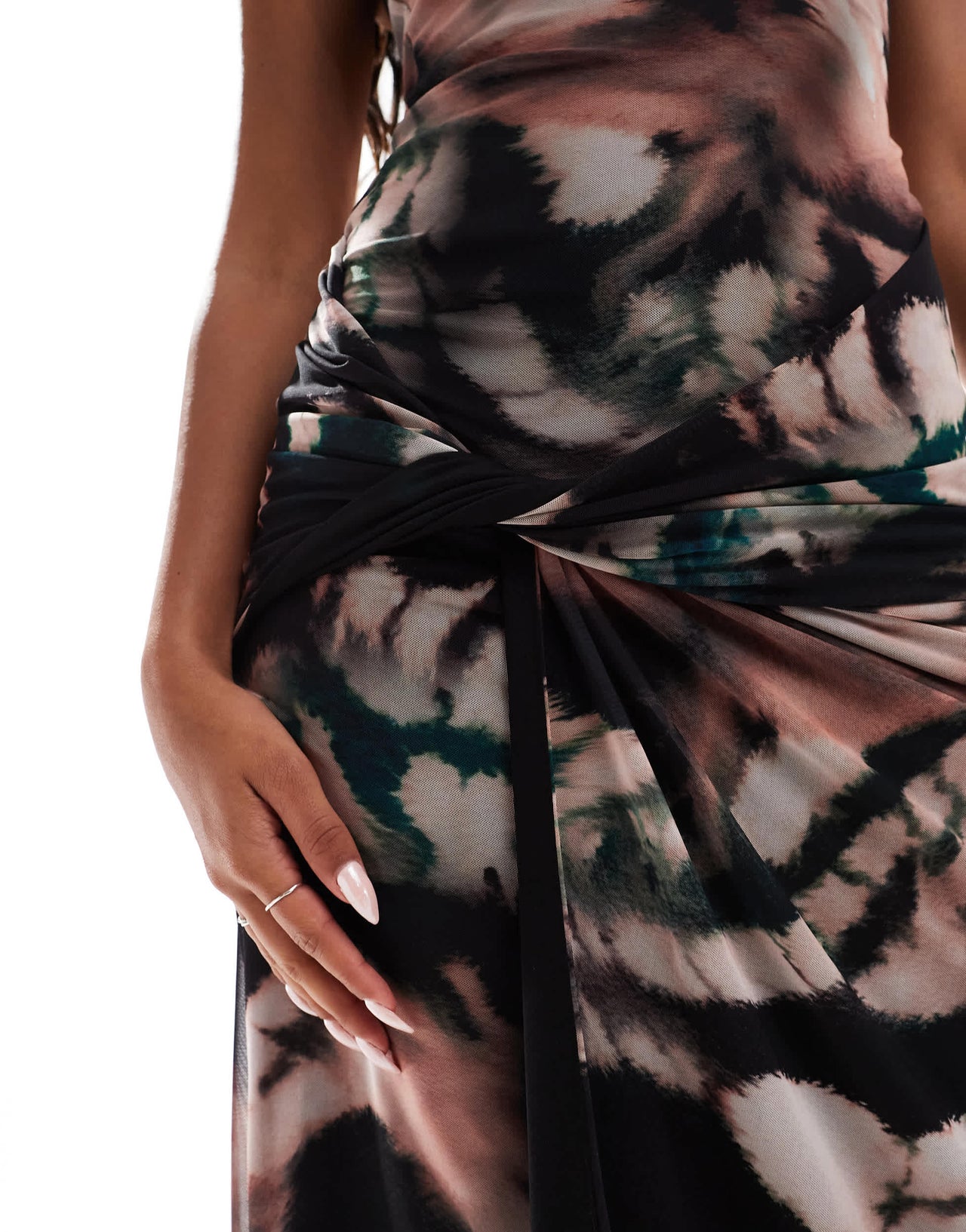 ASOS DESIGN mesh one shoulder tie front midi dress in dark abstract print