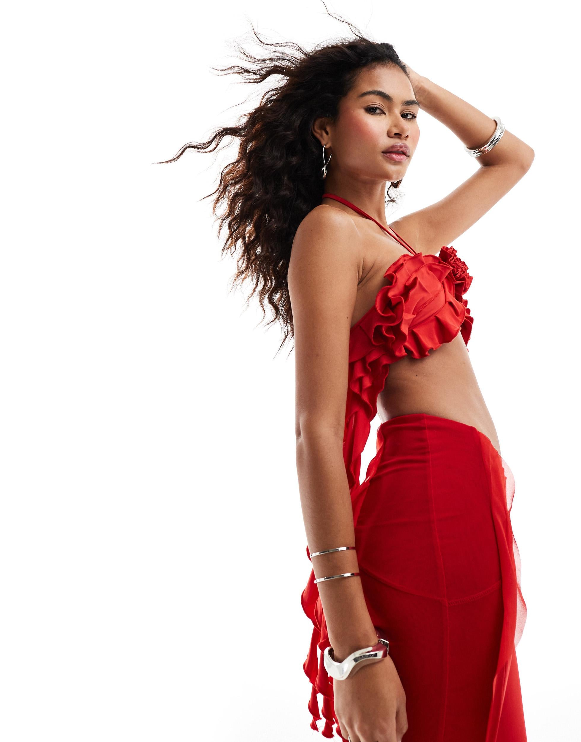 The Kript halter neck frill detail rose top co-ord in red