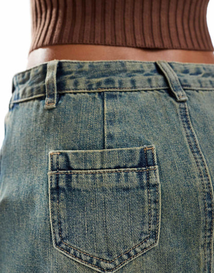 The Kript frill detail mini skirt in dirty wash denim