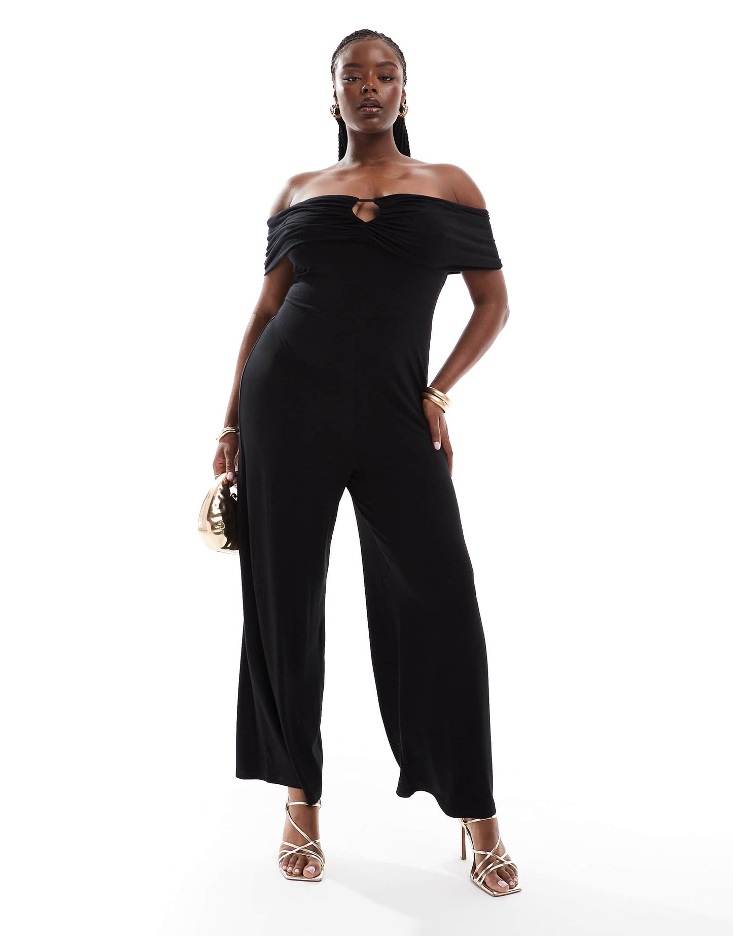 ASOS DESIGN Curve ruched bardot jumpsuit with front cut out in black