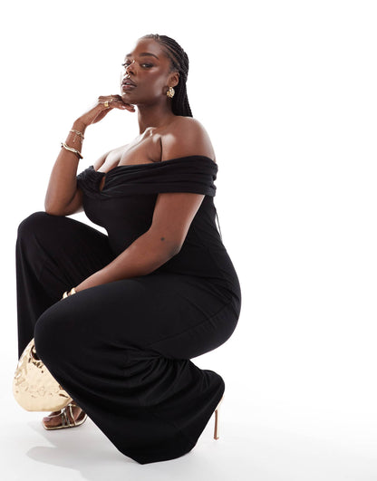 ASOS DESIGN Curve ruched bardot jumpsuit with front cut out in black