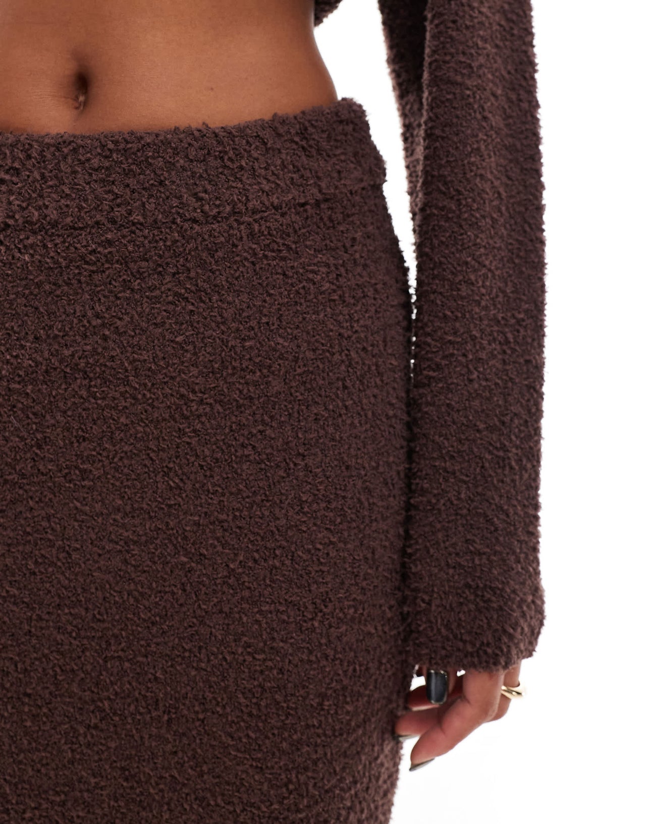 Aria Cove fluffy boucle knitted maxi skirt co-ord in chocolate