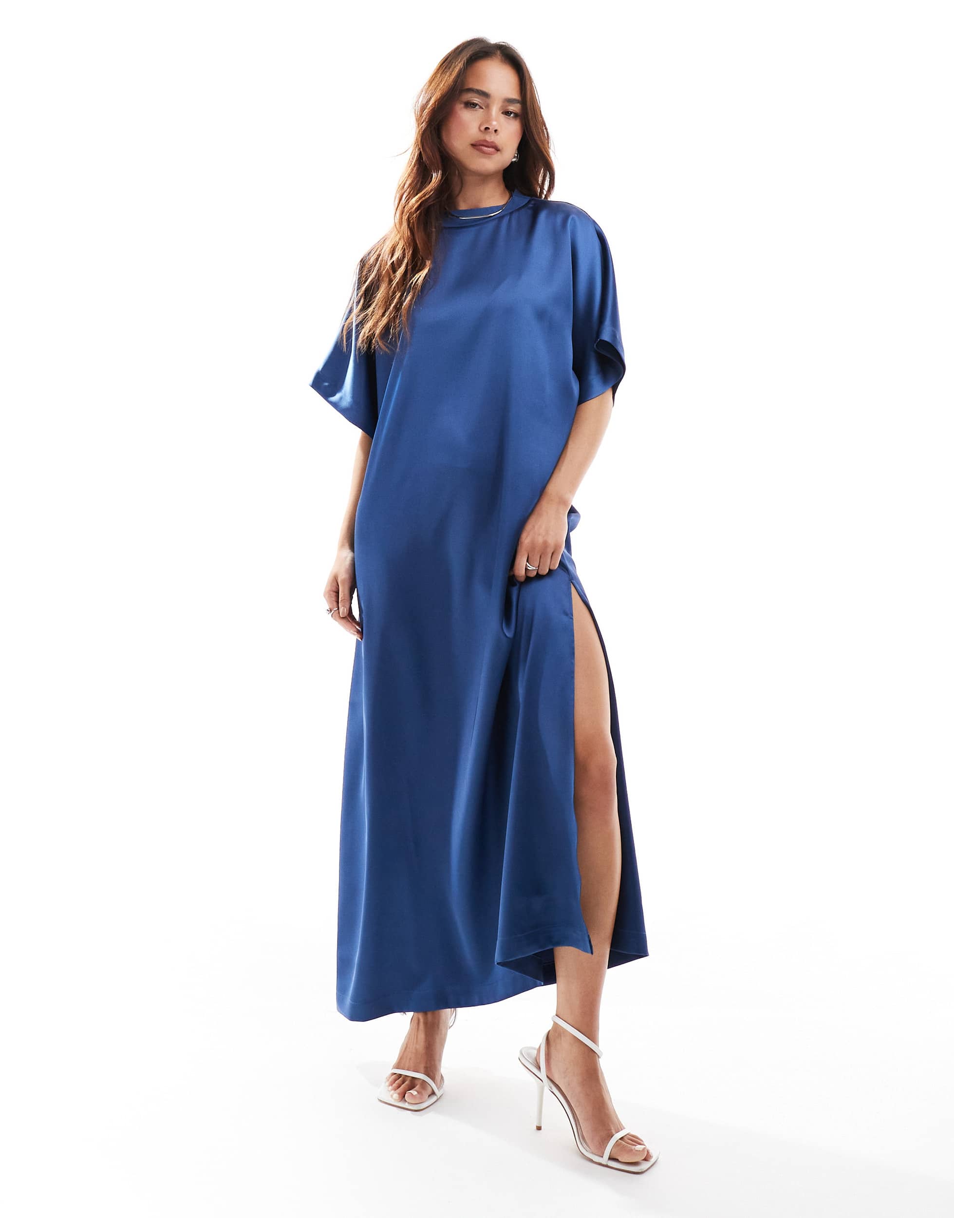ASOS DESIGN satin midi t shirt dress in denim blue