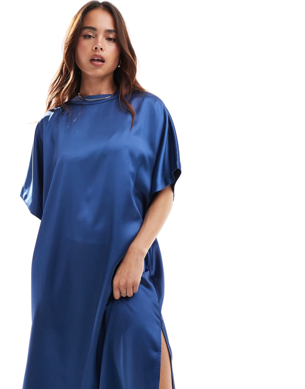 ASOS DESIGN satin midi t shirt dress in denim blue
