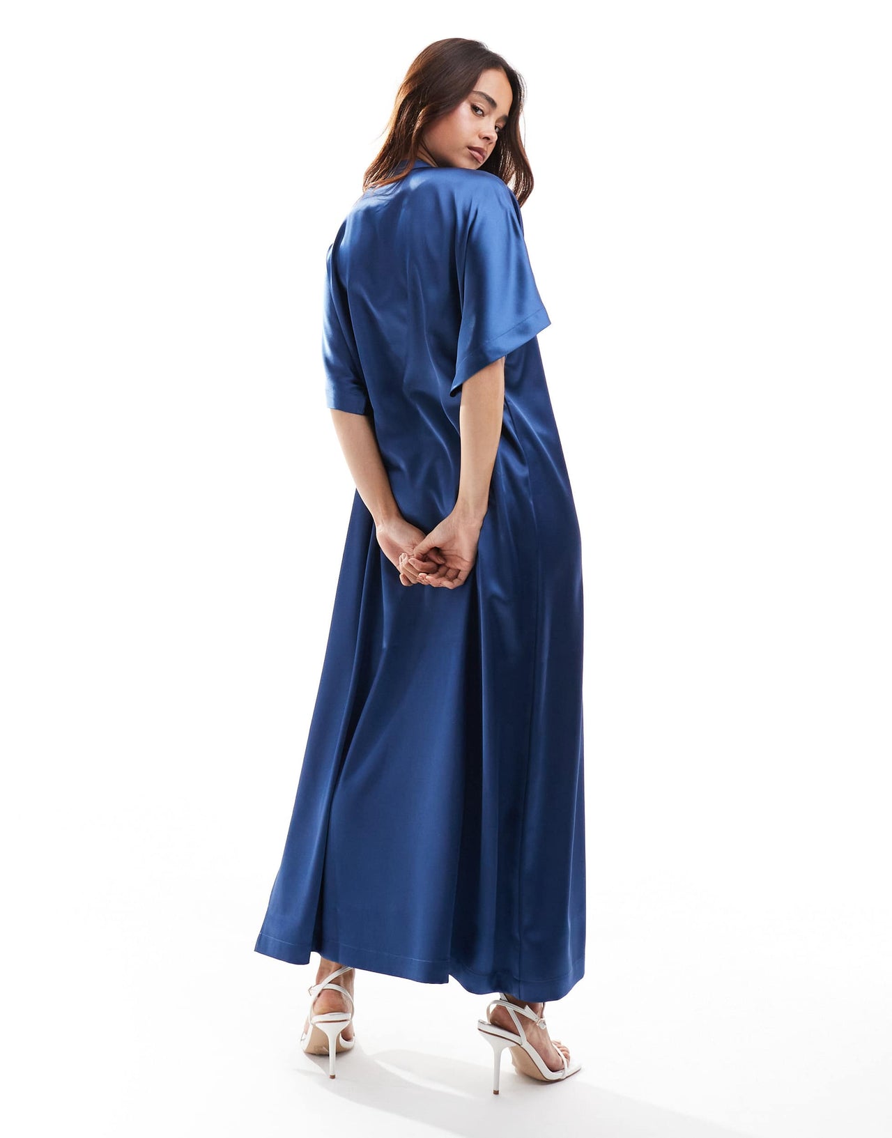 ASOS DESIGN satin midi t shirt dress in denim blue