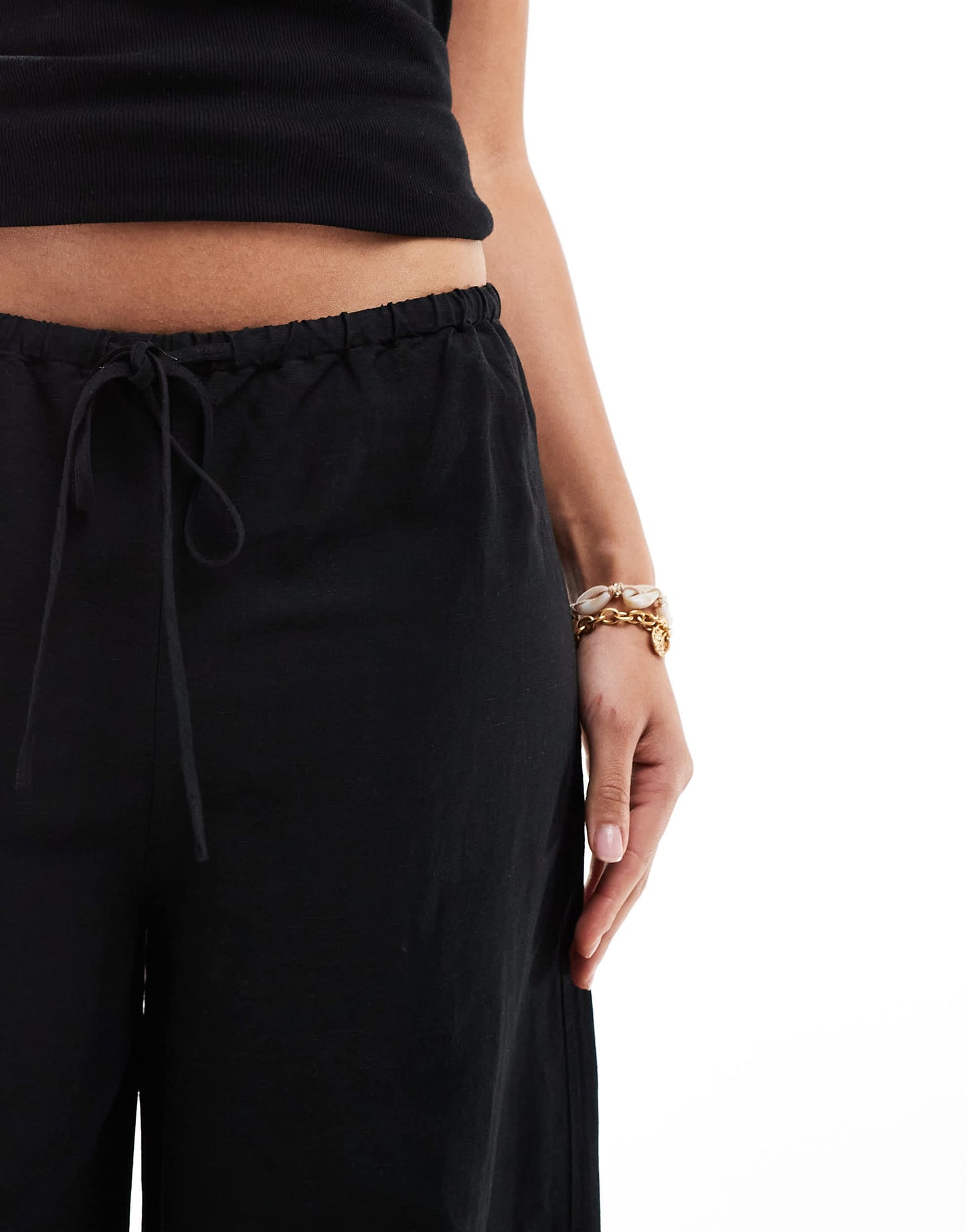 & Other Stories linen blend wide leg trousers with drawstring waist in black